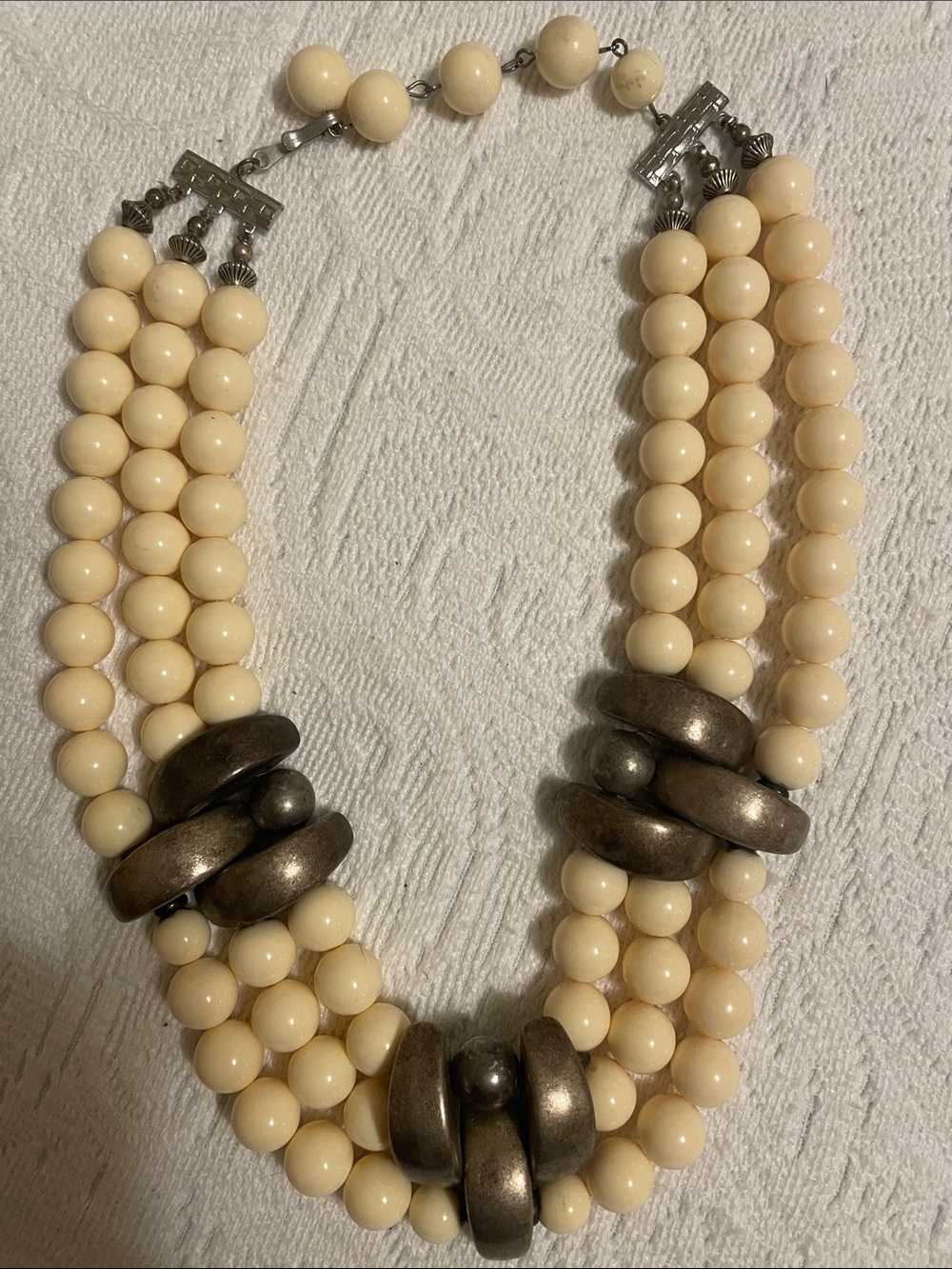 Ivory Beaded Statement Necklace with Antique Silver Accents